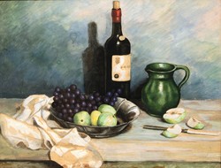 Table still life with grapes, apples and wine bottle - large watercolor, framed