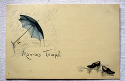 Antik francia különleges kézzel festett üdvözlő képeslap  rossz idő