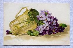 Antik chatarina klein? Greeting litho postcard with violets in glass cup