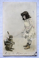Antik grafikus Húsvéti üdvözlő képeslap kisleány játék nyuszival
