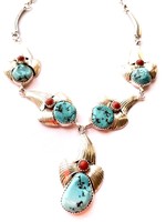 Turquoise and Carnelian Stone Silver Necklace