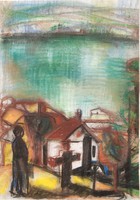 Hungarian artist: village along the Danube - pastel painting, framed
