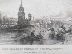 CONSTANTINOPEL: Der Mädchenturm, eredeti acelmetszet 1840, "Gottlieb Haase" kiado