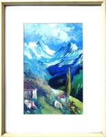 László B. Hajdú (1926-1998): mountain landscape with snowy peaks - oil painting, original frame
