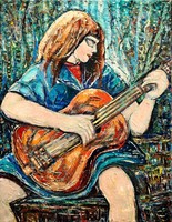 László B. Hajdú (1926-1998): girl playing guitar (guitarist), 1979 - oil on canvas painting