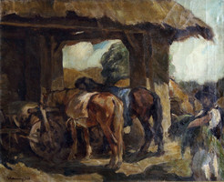 Paul Udvary (1900-1987) abrasion 78x91cm feeding barn resting horses yard