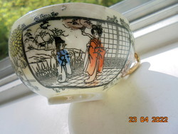 Kézi patinás ezüst zománc festéssel, két életképpel, kézzel jelzett japán tojáshéj teás csésze