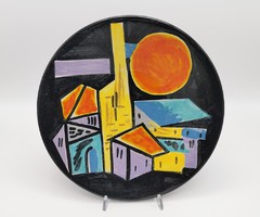 Retro iparművészeti tál, tányér, falitányér, jelzett Györgyey Zsuzsa, 28 cm