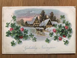 Antik litho  Újévi képeslap, lóhere, vízimalom