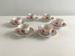 Régi, retro Hollóházi porcelán, színes virágos, virágmintás 6db kávéscsésze, kávés, mokkás készlet