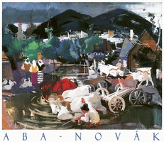 Aba-novák vilmos zsögöd 1935, art poster, transylvania village main square buffalo cart life picture