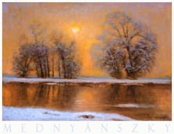 Mednyánszky László Téli folyópart alkonyatkor, művészeti plakát, téli tájkép hó naplemente