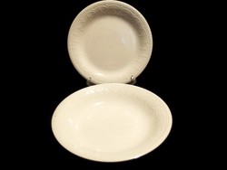 2 db régi domború mintás kerámia Gránit tányér: mély leveses és süteményes
