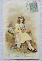 Antik a & m.B. Graphic greeting litho postcard with baby girl with flowers
