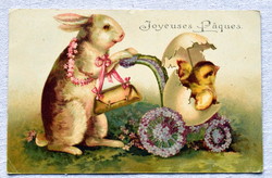 Antik grafikus Húsvéti üdvözlő képeslap  nyúlhölgy babakocsiban csibével