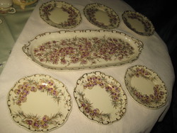Zsolnay  régi , kézi festésű , szignós , lila- rózsaszín virágos , süteményes   készlet ,
