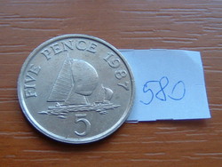 GUERNSEY 5 PENCE 1987 Réz-nikkel, (jachtok, csökkentett méret 23,6 mm ) #580