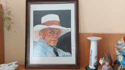 Portrait painting 34x33 cm with frame aqua