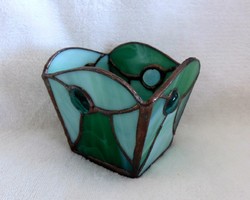 Tiffany technikával zöld üveg tálka, tartó