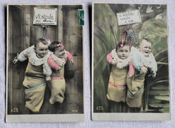 Antik francia üdvözlő  fotó  képeslap párban  eladó és eladott fiú és lány babák