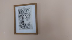 (K) beautiful ink drawing with kg signature with 30x38 cm frame