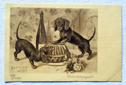 Antik Knut Oeren grafikus Születésnapi üdvözlő képeslap  tacskók  kuglóf bor