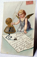 Antik dombornyomott  üdvözlő képeslap levélíró angyalka léggyel