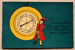 Antique French humorous graphic greeting postcard about stopping time