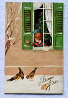 Art deco amag christmas greeting graphic postcard with little kid in christmas tree house with birds outdoors