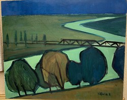Koszta Rozália (1925-1993) Táj folyóval (1973) c. olajfestménye /50x60 cm/