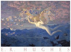 Edward Robert Hughes in the Morning Wings 1905 Art Poster, Winged Flying Female Nude Birds Landscape