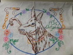 Antique, hand-embroidered linen pillowcase with German shepherd / two sides