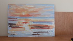 (K) marked sunset painting 40x29 cm. Canvas on fiberboard.