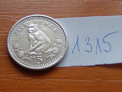 GIBRALTÁR 5 PENCE 1993 AA, Réz-nikkel, Berber makákó, méret: 18 mm #1315