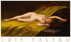Art poster of luis falero seduction 1893 painting erotic reclining female nude on yellow cloth
