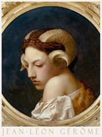 Jean-léon gérôme bacchante 1853 painting art poster, young woman portrait ram with horns gold