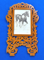 Etching depicting a galloping horse in an antique pierced wooden frame