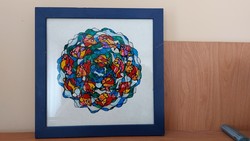 (K) abstract fish glass painting 29x29 cm with frame