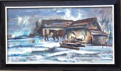 József Fodor (1935-2007): winter on the farm - oil tempera painting, original, glazed frame