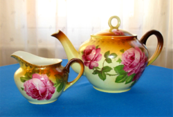 Antik rózsa mintás teás kanna, tea kínáló és tej, tejszín vagy citrom kiöntő kanna