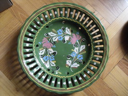 Large retro folk ceramic bowl with pierced rim, beautiful, flawless, large 30 cm, wall plate, wall plate