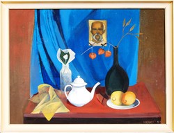 Harmati András (1937): Csendélet férfiportréval - olaj-vászon festmény, képcsarnokos címkével