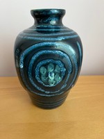 Retro Tófej, magyar iparművészeti kerámia váza, kék, ritka forma, jelzett