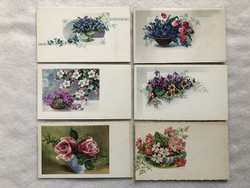 6 db   Antik  grafikus virágos mini képeslap, üdvözlőlap  -  postatiszta
