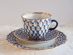 Blue pattern lomonosov imperial coffee cup and saucer and cake plate