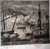 Dési Huber István: Genovai kikötő - rézkarc 1927-ből