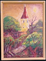 FK/202 - Cser G. Lenke – Alsóőrsi templom nyáron című festménye