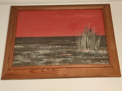 Ferenc Hézső: dawn reeds 1970. Original marked oil painting