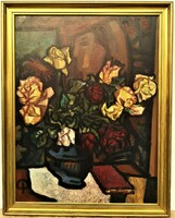 Pap Gyula (1899 - 1983) Virágcsendélet 1963 c. festménye Eredeti Garanciával!