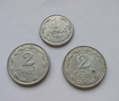 3 pcs pengő lot - 1941 - 1 & 2 pengő, 1942 - 2 pengő - alu